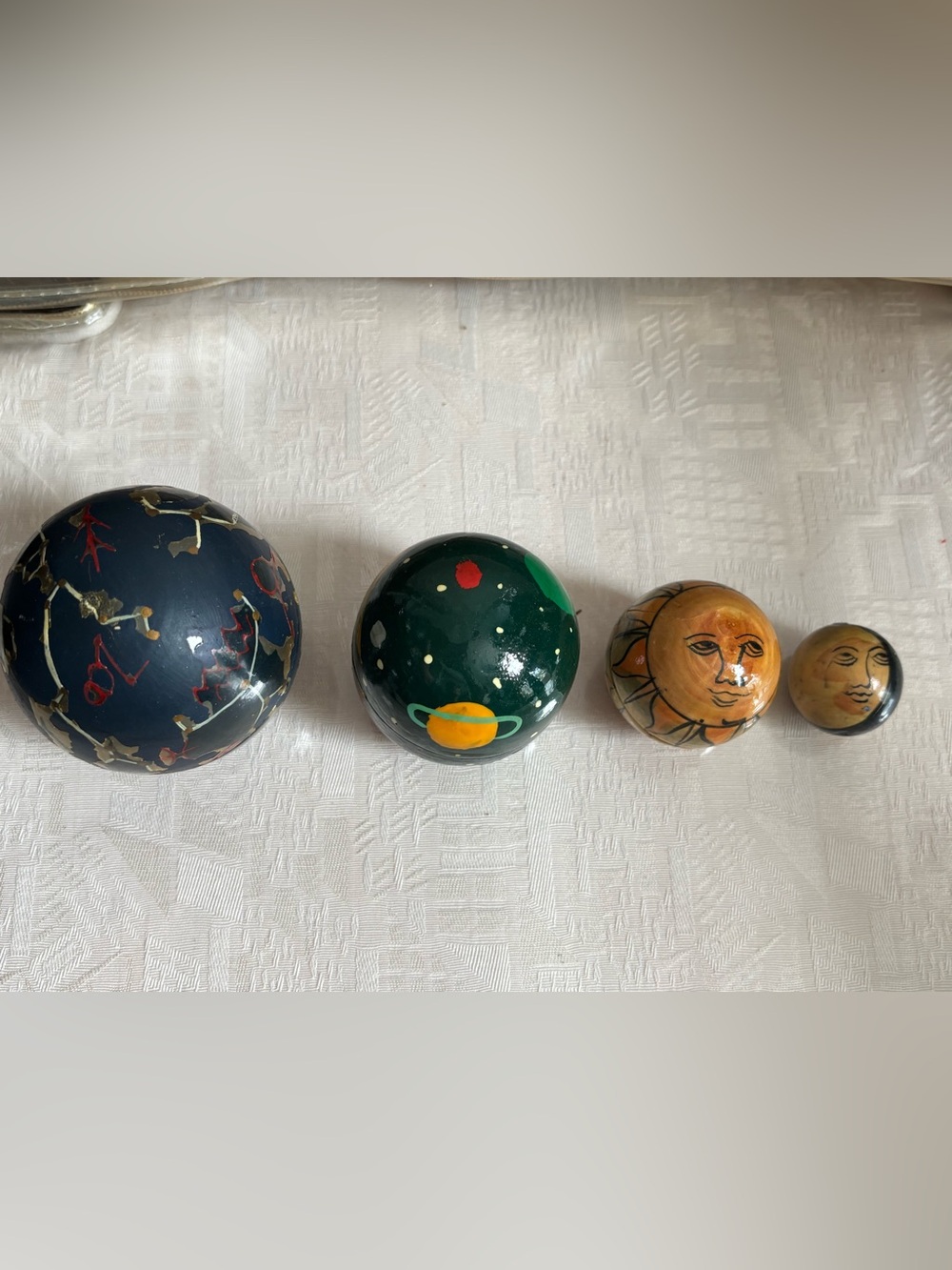 4 Rare Wooden Astrological Planetary Solar System Nesting Spheres Sun Moon Stars